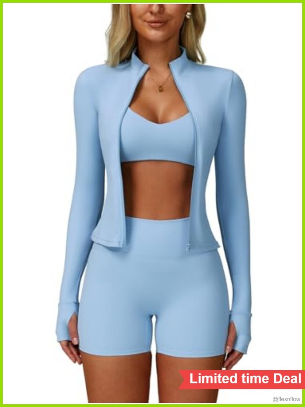 3 Piece Workout Set Zip Jacket Sports Bra High Waist Shorts Gym Yoga